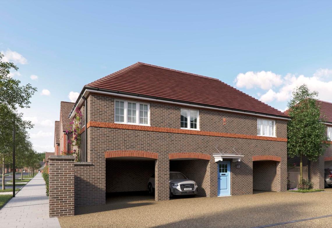CGI of a brick coach house above three open car ports