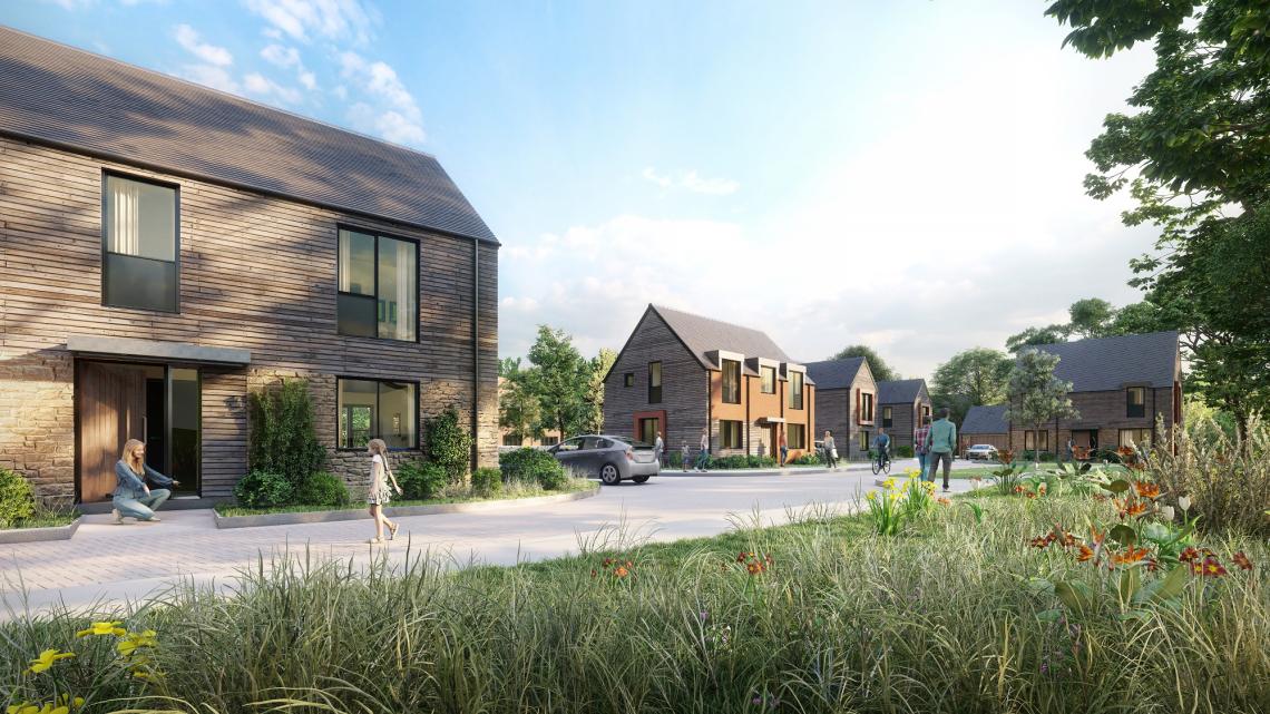 CGI of a street of timber-clad and brick homes with wildflower verges at Church Farm