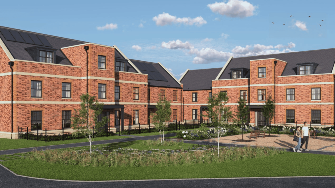 CGI of three-storey red-brick apartment buildings around a landscaped green at Church Farm