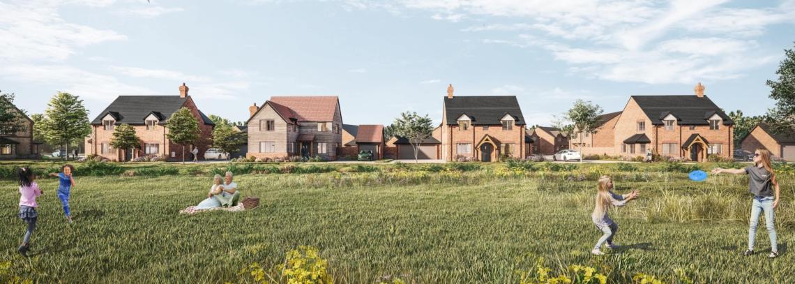 CGI of new homes at Church Farm, Radley, with families playing on a meadow in front
