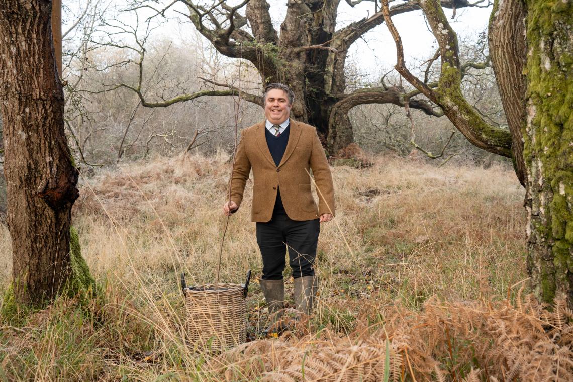 Man in a tweed jacket standing in ancient woodland with a sapling in a wicker basket
