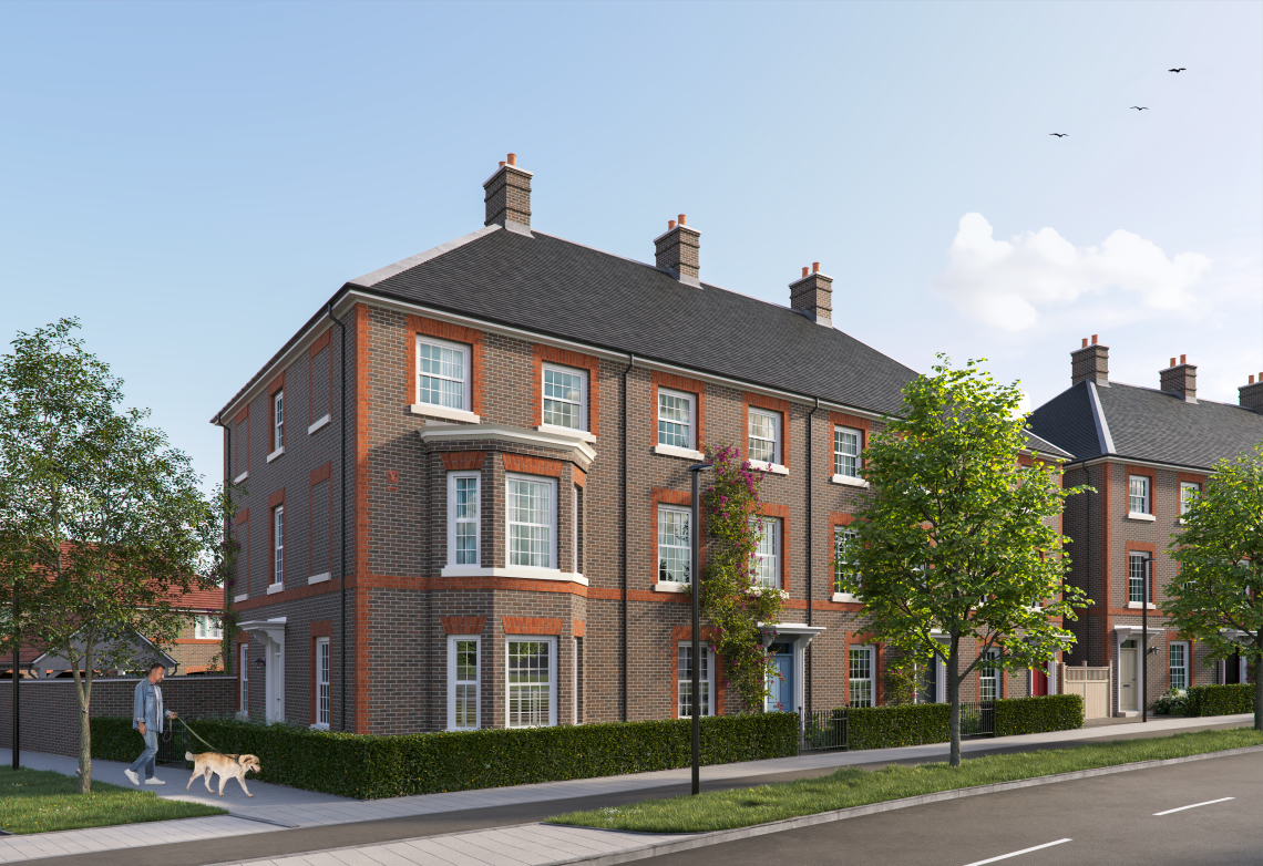 CGI of a three-storey brick terrace with bay window and tree-lined street