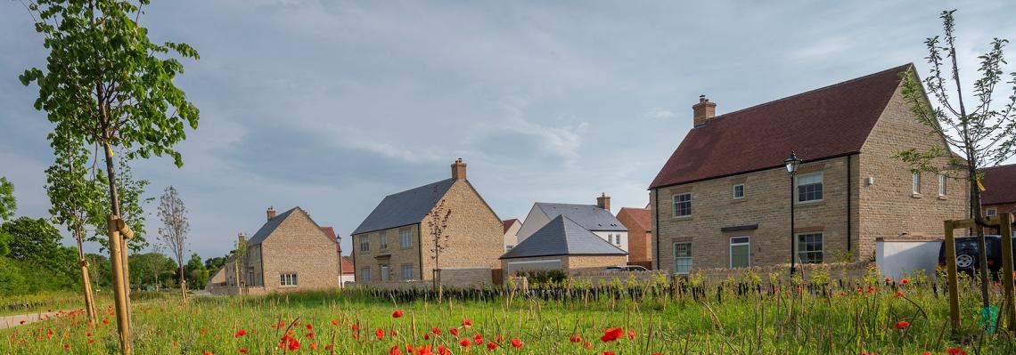 Stone and brick homes beyond a wildflower meadow with red poppies