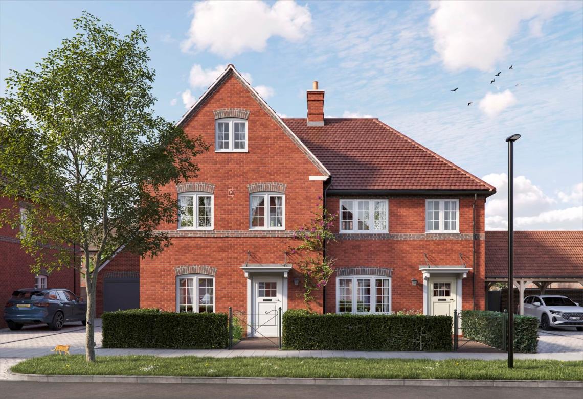 CGI of red-brick semi-detached homes at Welborne Garden Village with front hedges and parked cars