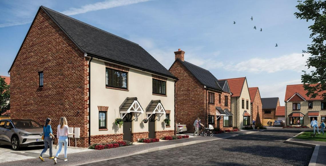 CGI of a street of new brick, render and stone homes at Temple Gate
