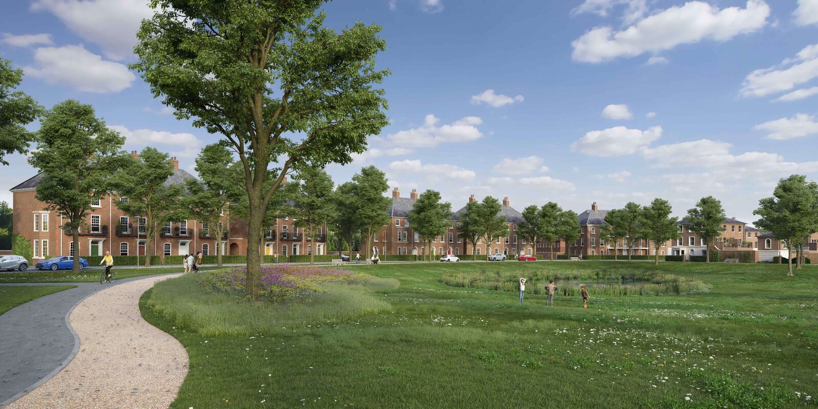 CGI of Welborne parkland with a pond, footpath and rows of brick townhouses