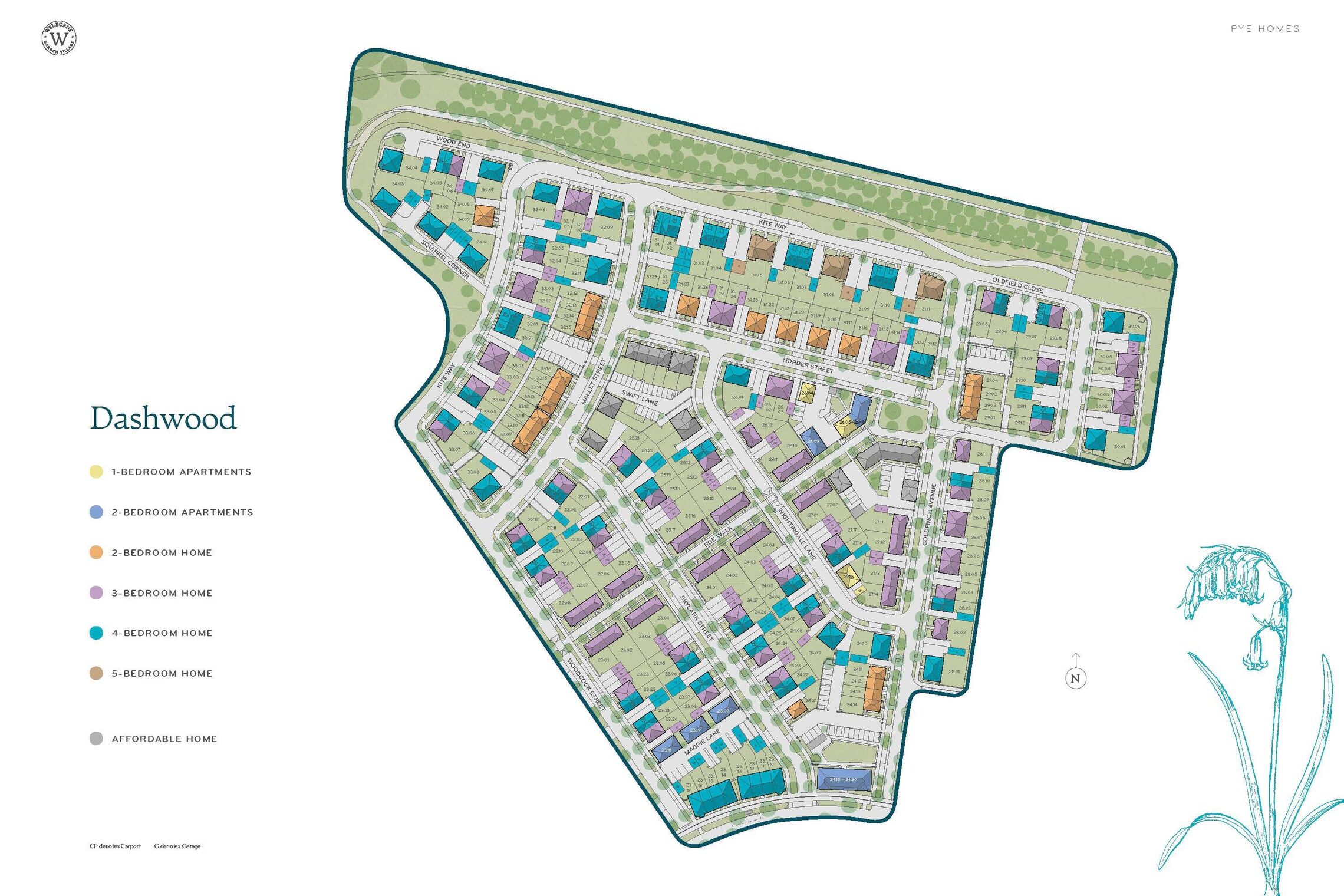 Site plan of the Dashwood phase at Welborne Garden Village, colour-coded by home size