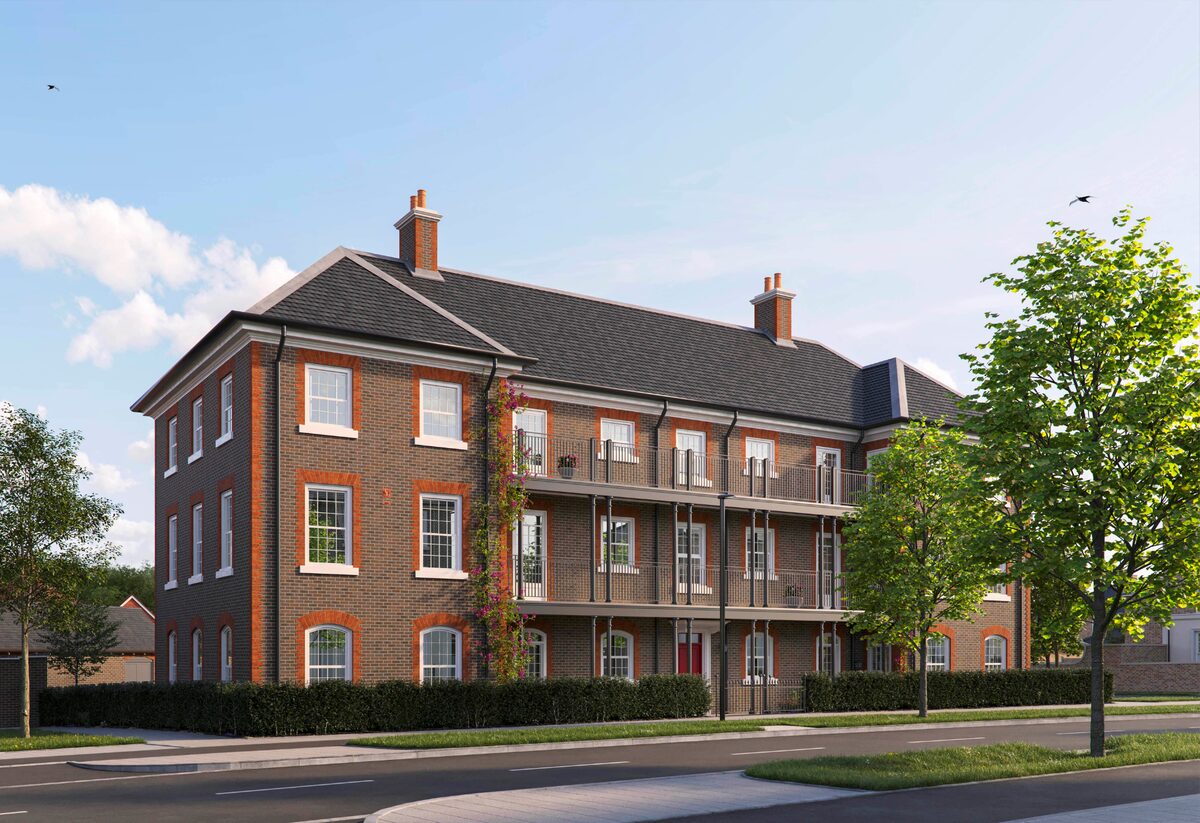 CGI of a three-storey brick apartment building with balconies at Welborne